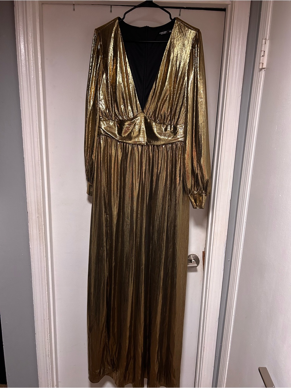 SHEIN Metallic Gold Plunging V-Neck Maxi Dress